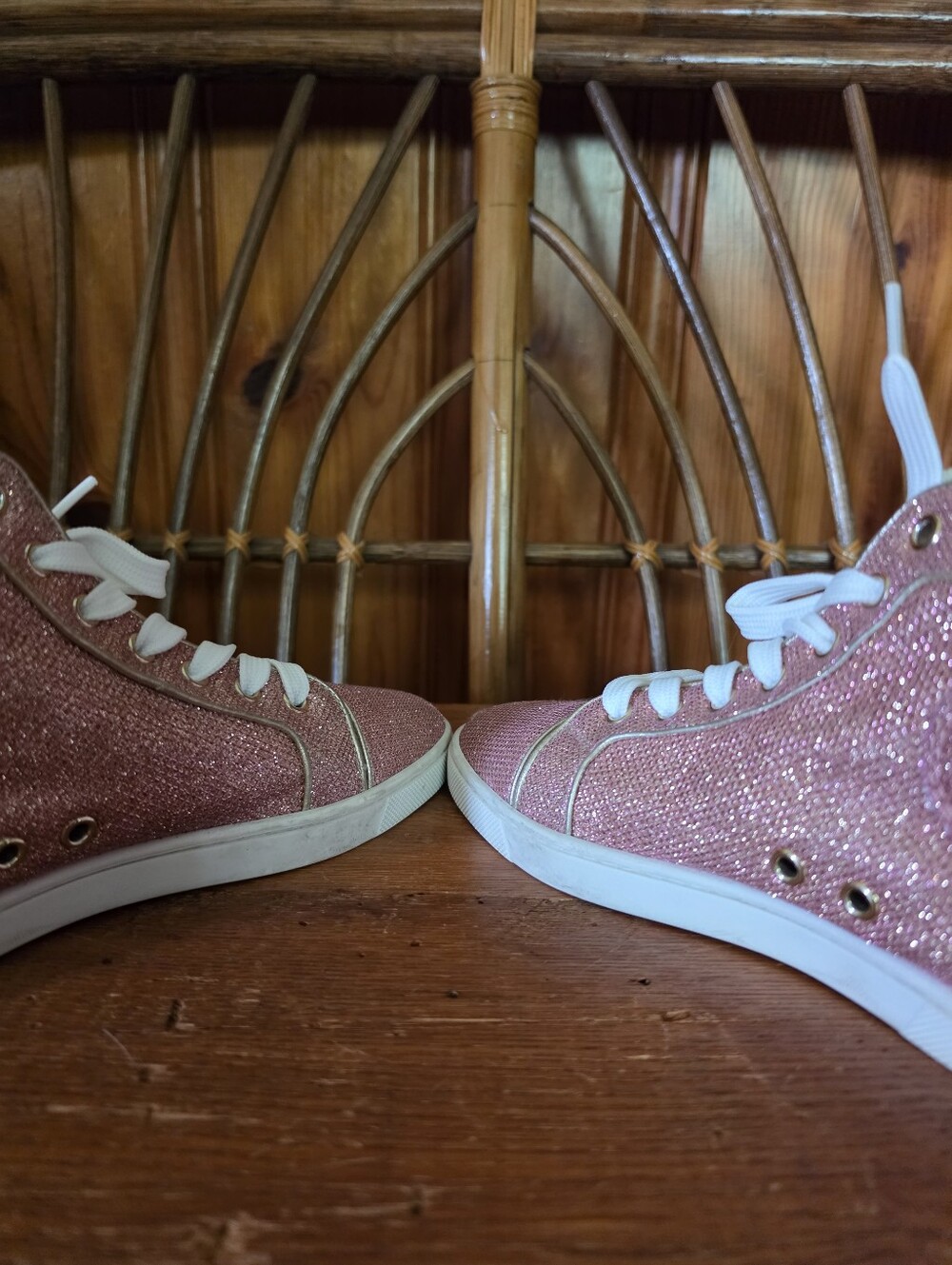 Christian Louboutin Sparkly Pink High Top Sneakers with Hot Pink Laces - Picture 14 of 16